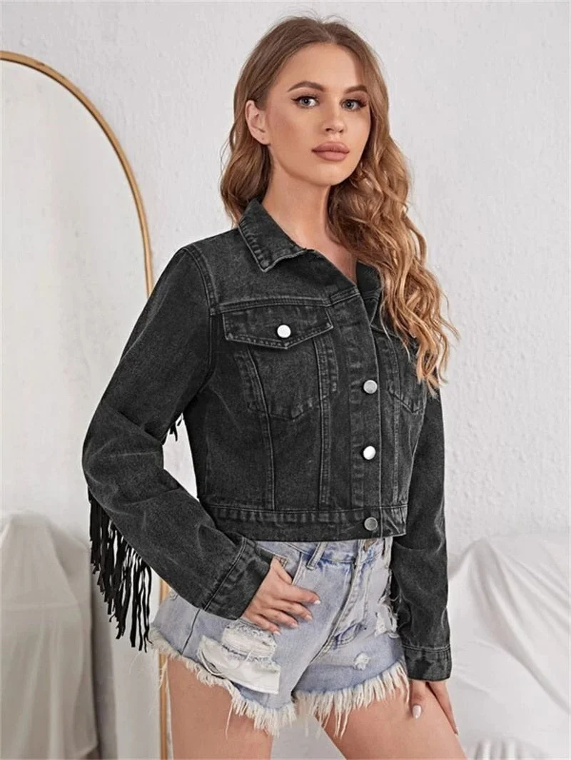 New Autumn Women Fashion Long Sleeve Casual Ladies Outerwear Chaqueta Mujer Stylish Fringe Beaded Loose Denim Jacket Coat