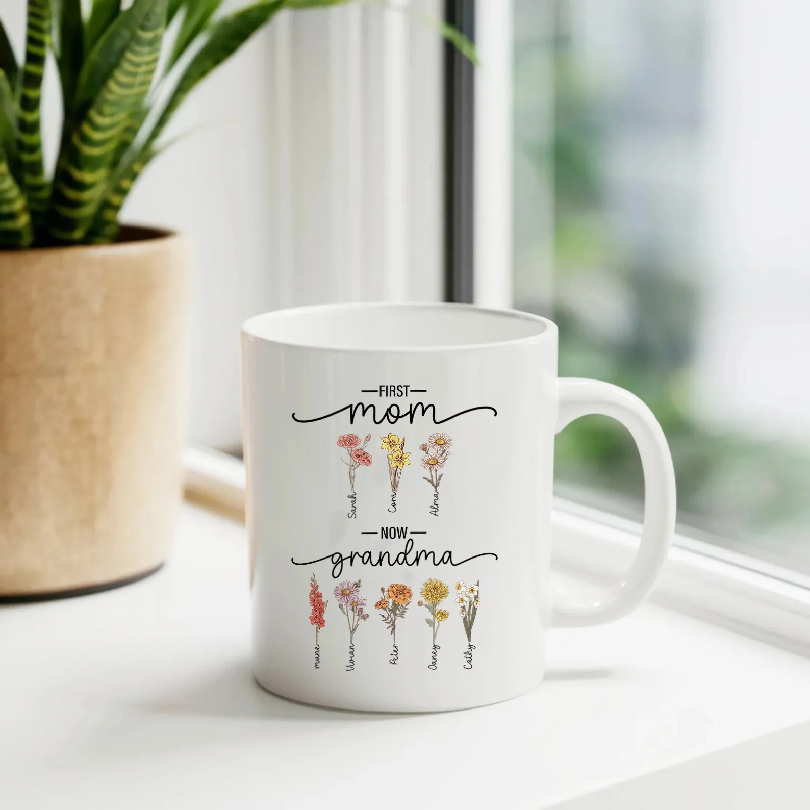 Loveyoufancy First Mom Now Grandma - Birth Flower Family Custom mug