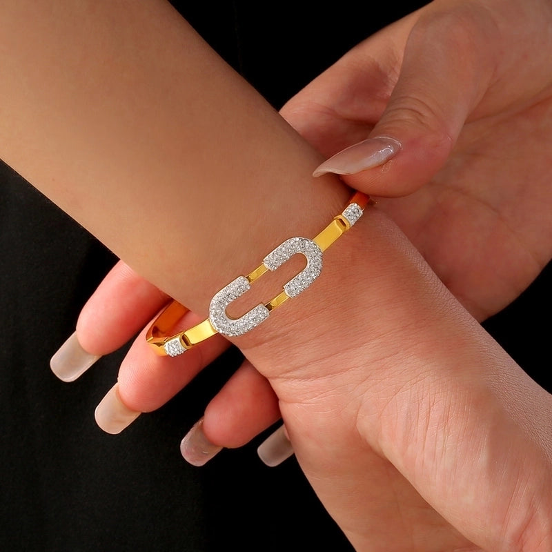 Casual Minimalist Round Lines 304 Stainless Steel 18K Gold Plated Rhinestones Bangle In Bulk