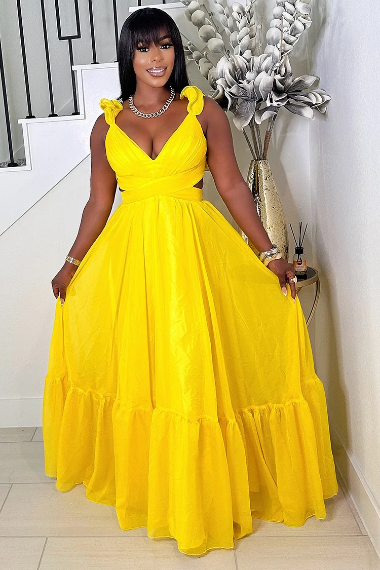 Ruffled Lace Up Backless Deep V Neck Tiered Maxi Dresses-Yellow