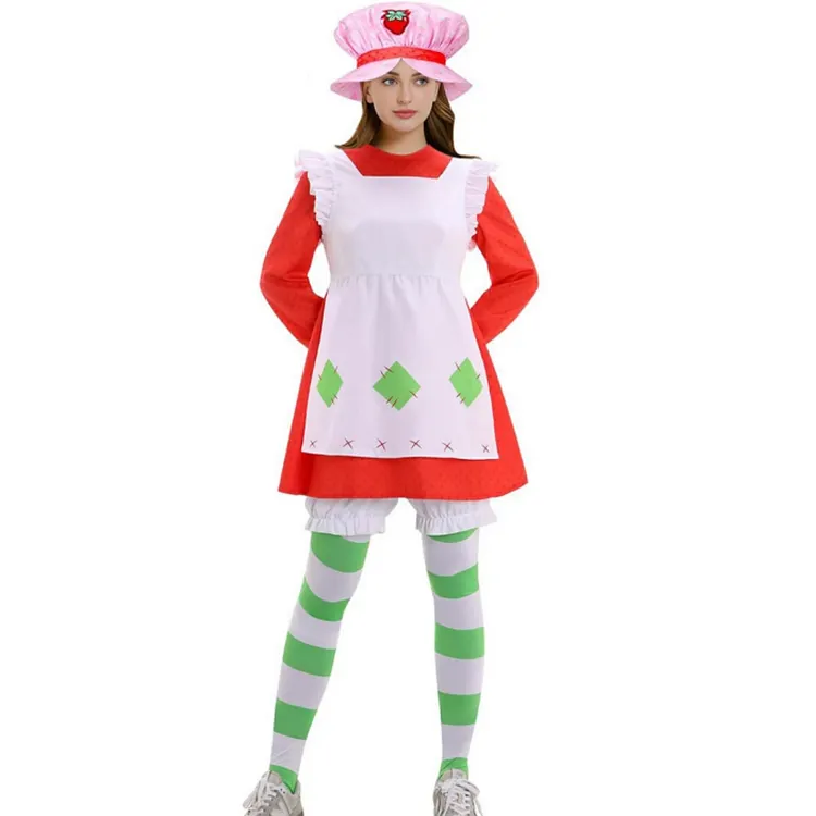 Adult Women Red Strawberry Maid Dress Set Food Fruits Costume Carnival Party Suit