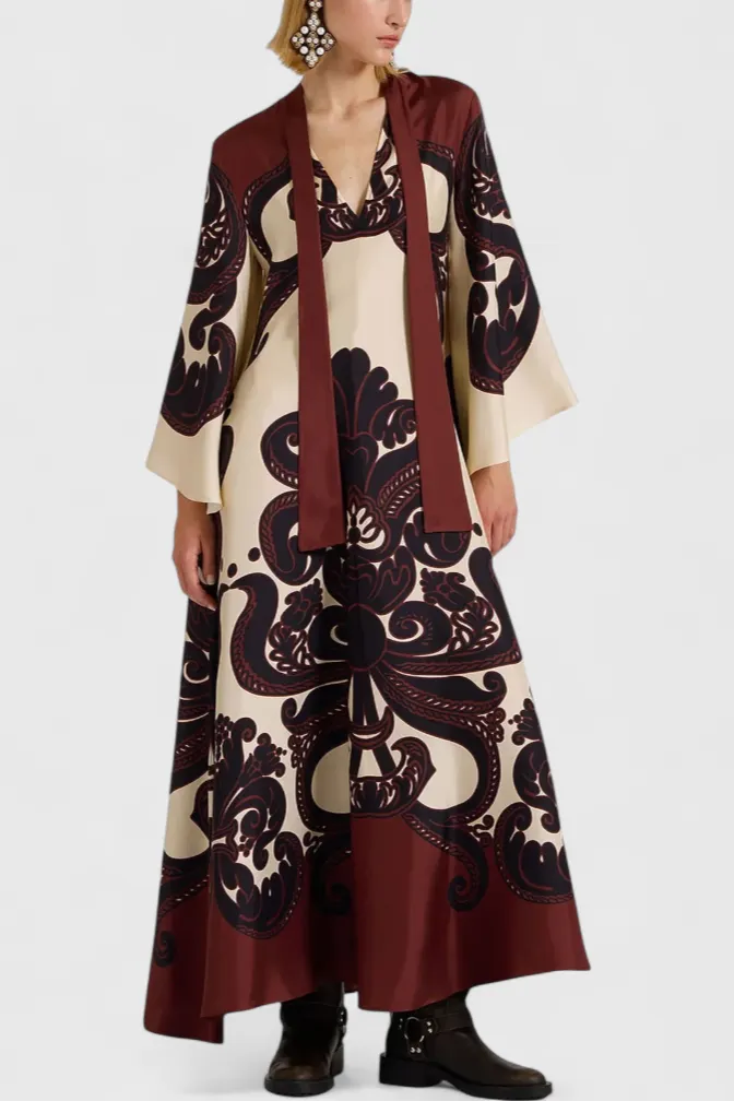 Printed Tie-Front Maxi Dress with Wide Sleeves