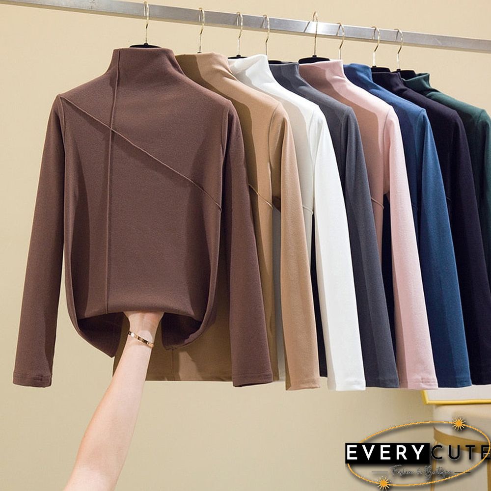 Long Sleeve Thick T Shirt Women Winter Tops Turtleneck Warm T-Shirt Korean Cotton Tshirt Woman Tee Shirt Femme Pink Blue