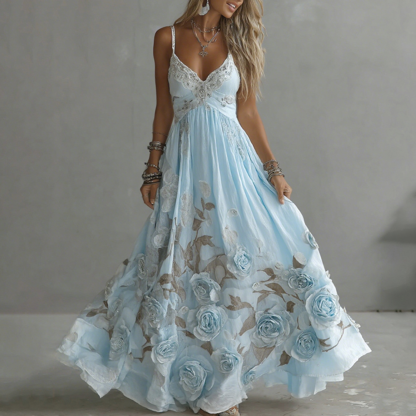 Women's Vintage Rose Embroidery Art V-neck Suspender Maxi Dress