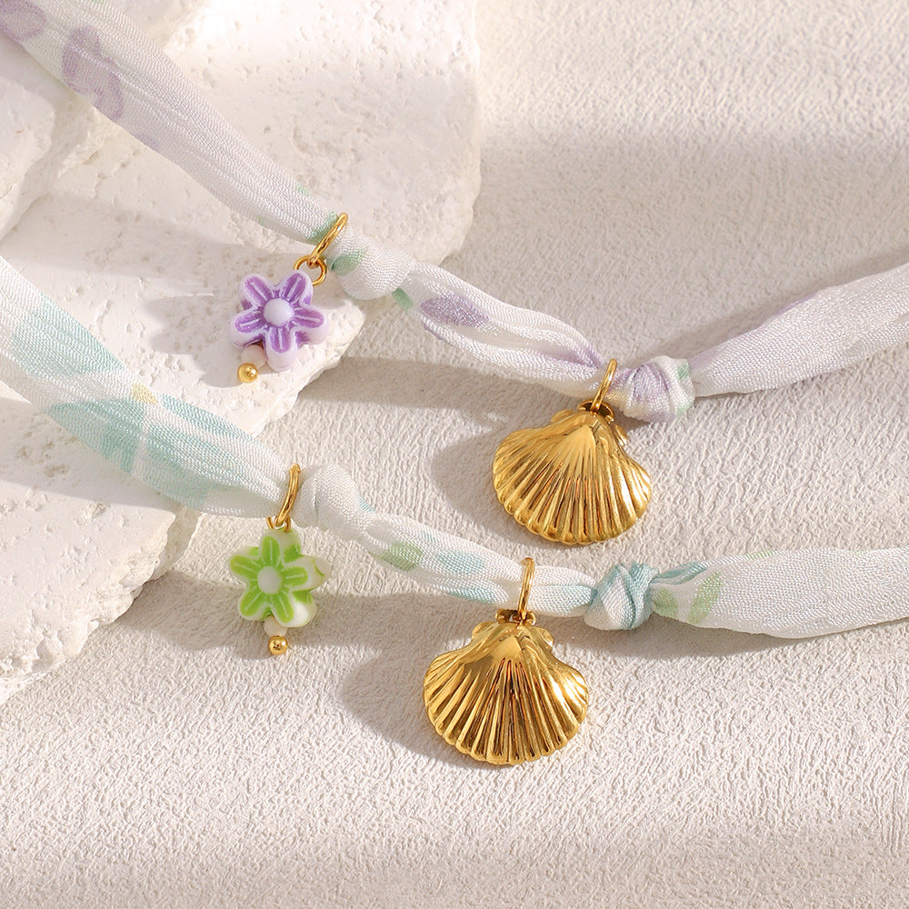 Seaside Holiday Style Antique Jewelry Stainless Steel 18K Gold Plated Ribbon Shell Bracelet