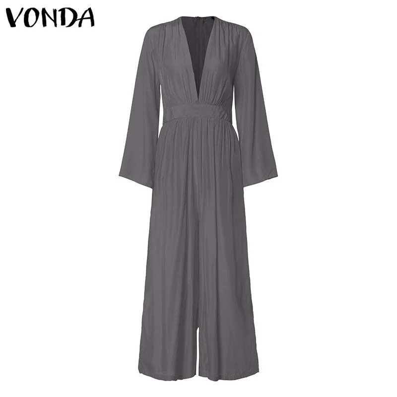 VONDA 2022 Women Long Jumpsuit Romper 3/4 Sleeve V Neck Casual Playsuit Overalls Ladies Wide Leg Loose Summer Playsuit Oversized