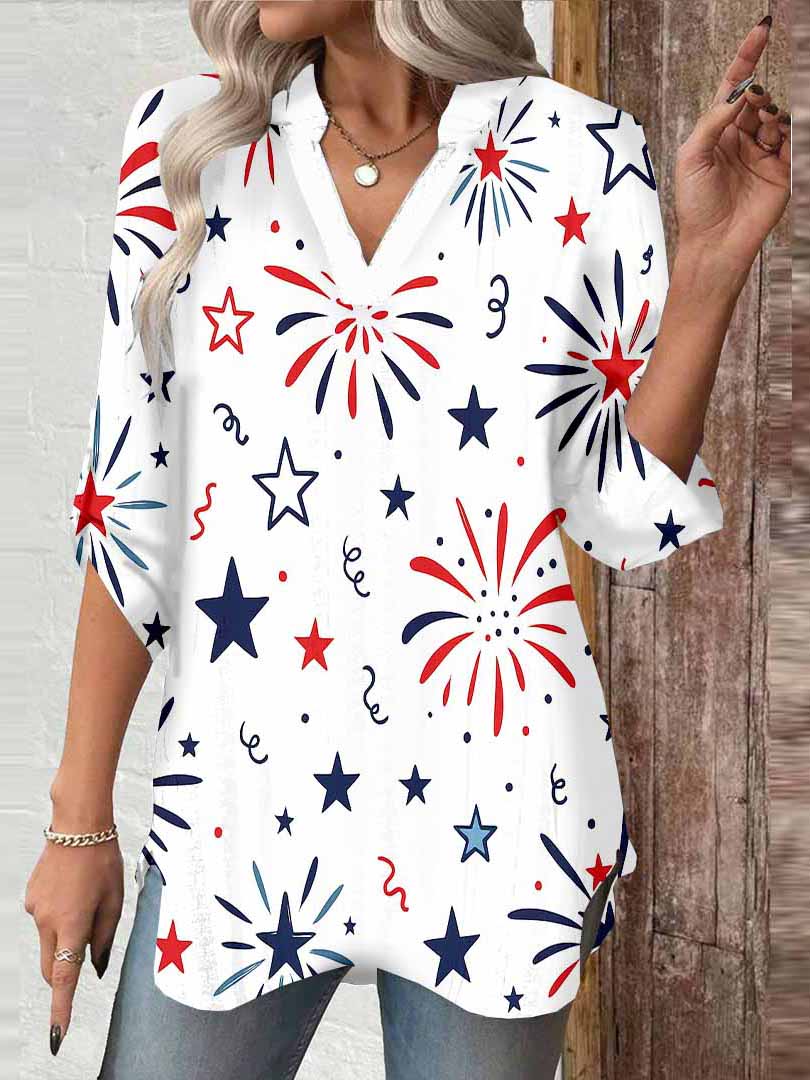 Women  Independence Day, Star, Striped, Blue, Red DZGA0231 3/4 Sleeve V-neck Printed Graphic Button Tops