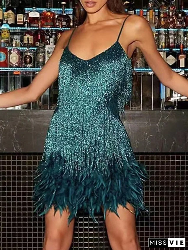 Party Dress Fringe Dress Sequin Dress Mini Dress White Pink Blue Sleeveless Pure Color Sequins Winter Fall Summer Spaghetti Strap Party Party Weekend S M L XL XXL for Women