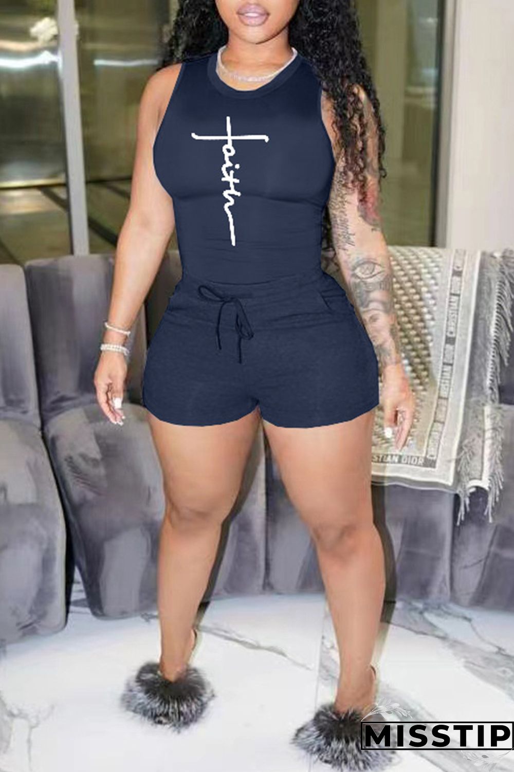 Blue Fashion Casual Sportswear Print Basic O Neck Sleeveless Two Pieces