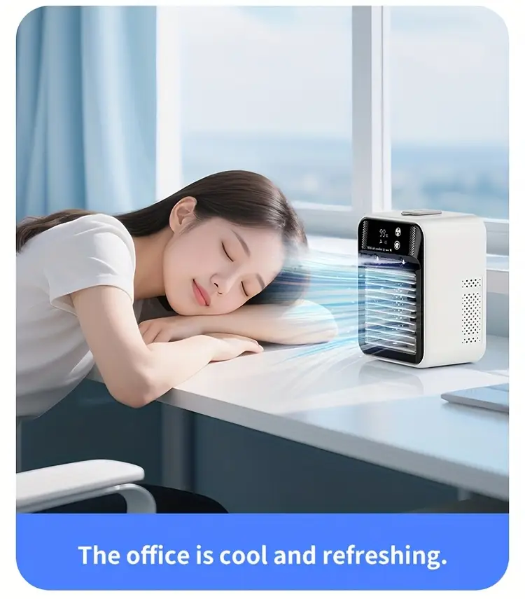 2025 new cooled fan with ice cooling portable desktop spray humidifier rechargeable or usb powered 2 battery capacity 3000mah square shape 36v or below no portable air cooler modern aesthetic durable build quality portable air cooler Product details 4