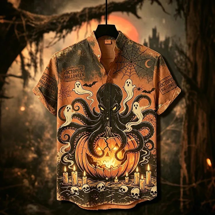 Men's Halloween Vintage Dark Octopus With Pumpkin Art Short Sleeve Shirt