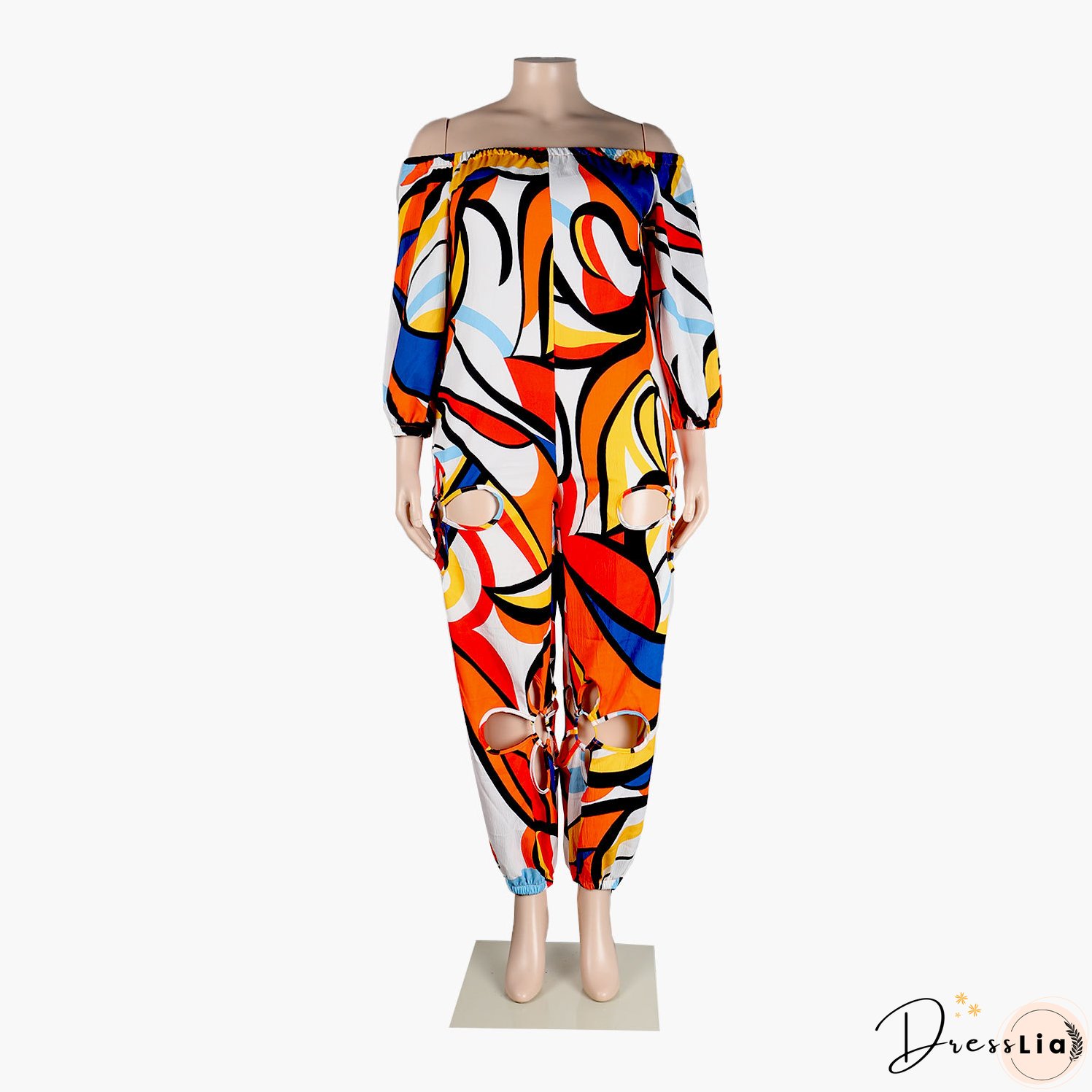 Sexy Slim Low Back Crochet Print Plus Size Jumpsuit