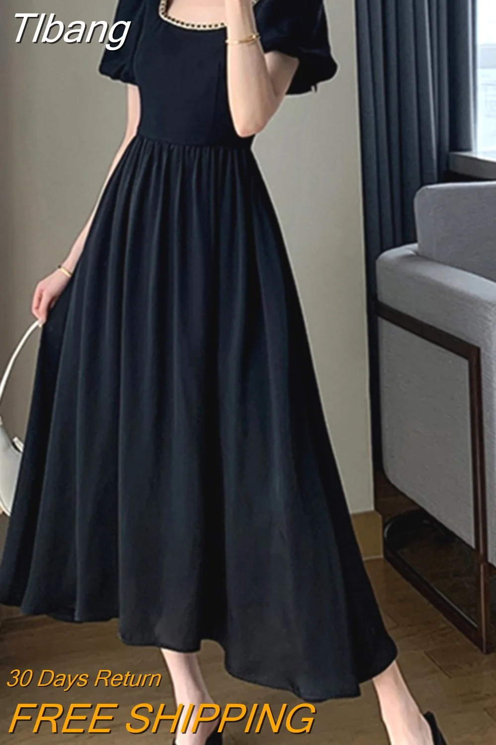 Tlbang Black Midi Dresses for Women New 2023 Elegant Party Fashion Slim A-line Female Clothes Birthday Evening Vintage Chic Robe