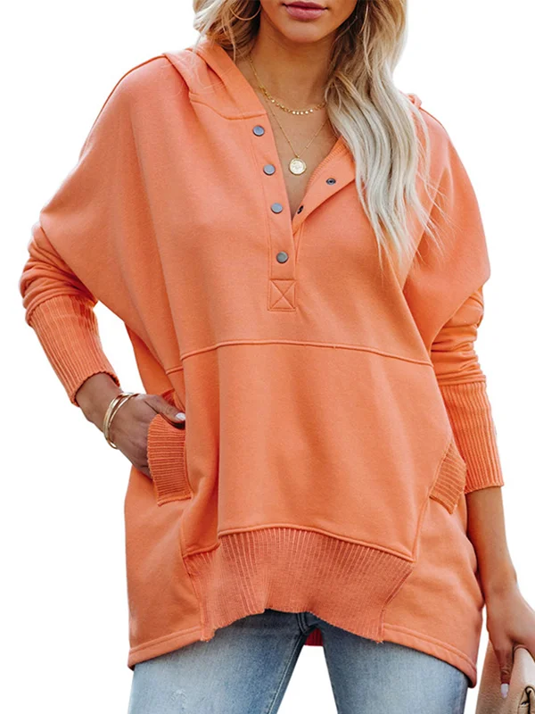 Batwing Sleeves Long Sleeves Buttoned Hooded Split-Joint V-Neck Hoodies Tops