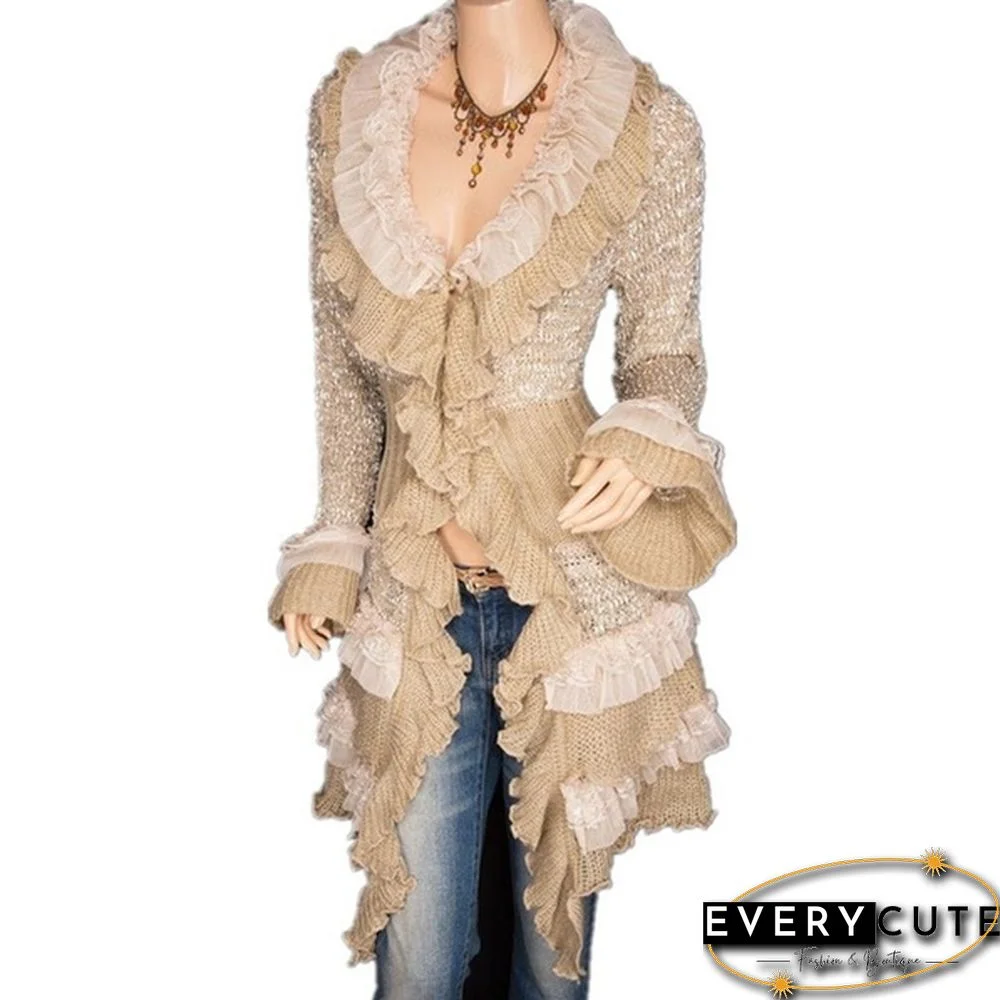 Women Sweater Knitted Coat Long Jacket Cardigan Lace Ruffle Sleeve Jumper Casual Slim