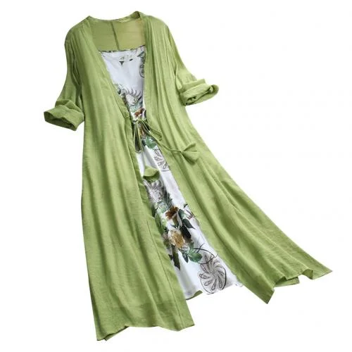 Summer Female 2Pcs/Set Plus Size Lady Flower Print Cotton Linen Sleeveless Sling Dress with Cardigan Long Casual Богемия платье