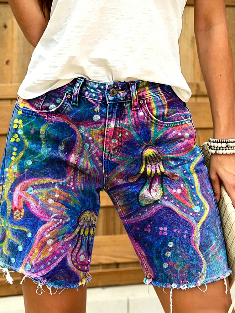Women's Retro Colorful Floral Art Print Casual Washed Cotton Denim Shorts