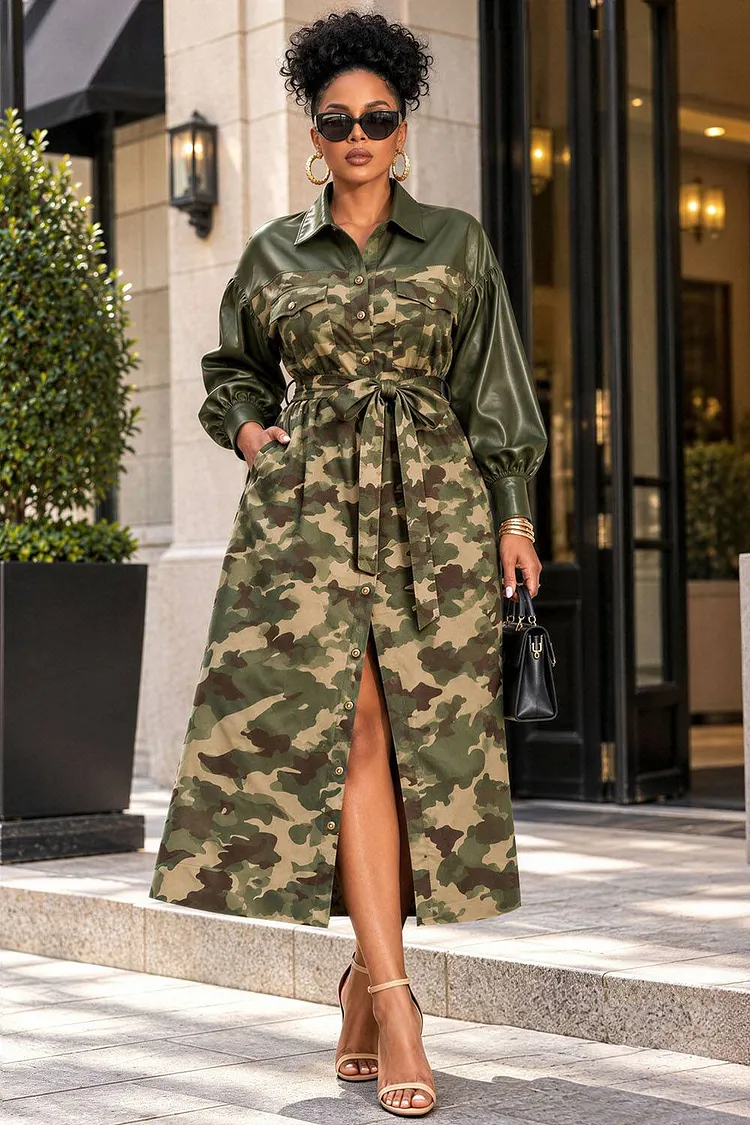 Xpluswear Design Plus Size Daily Army Green Camo Shirt Collar Lantern Sleeve Long Sleeve Pocket Contrast PU Leather Coat [Pre-Order] 2024 - Xpluswear