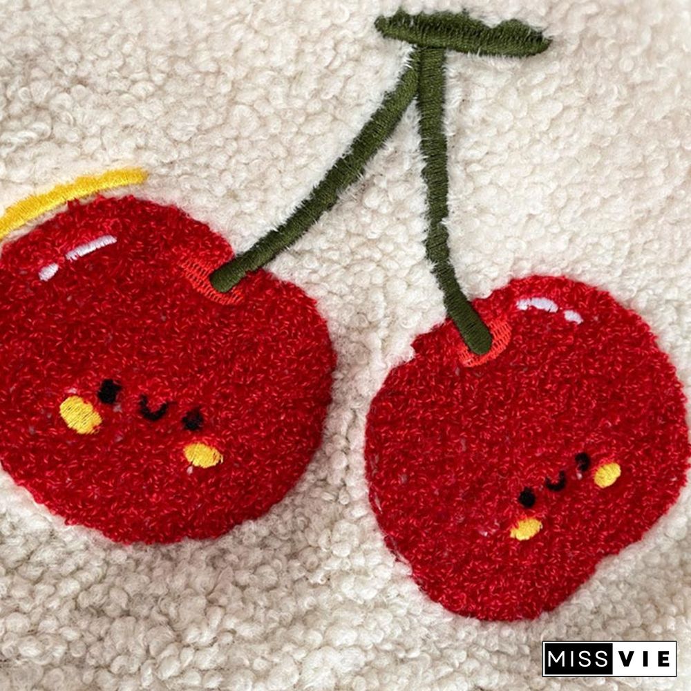 Sweet Cherry Embroidery Plush Tote Bag