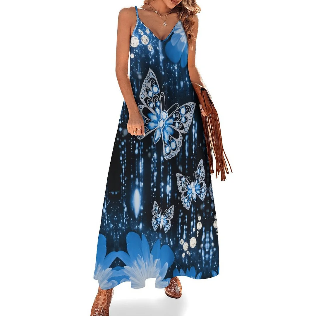 Style & Comfort for Mature Women Plus Size Printed Sling Casual Women Maxi Dress in Pattern Butterfly, Blue, Glitter