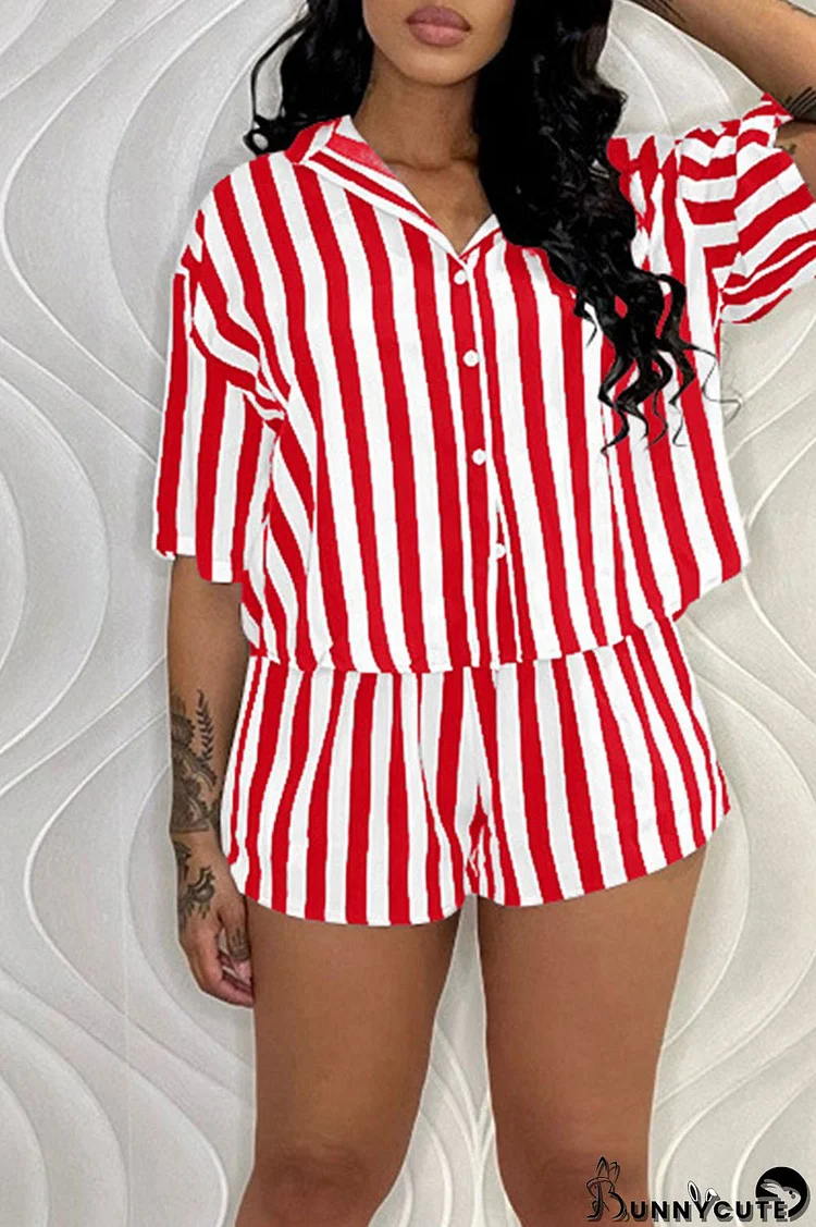 Red Casual Striped Print Patchwork Buckle Turndown Collar Short Sleeve Two Pieces