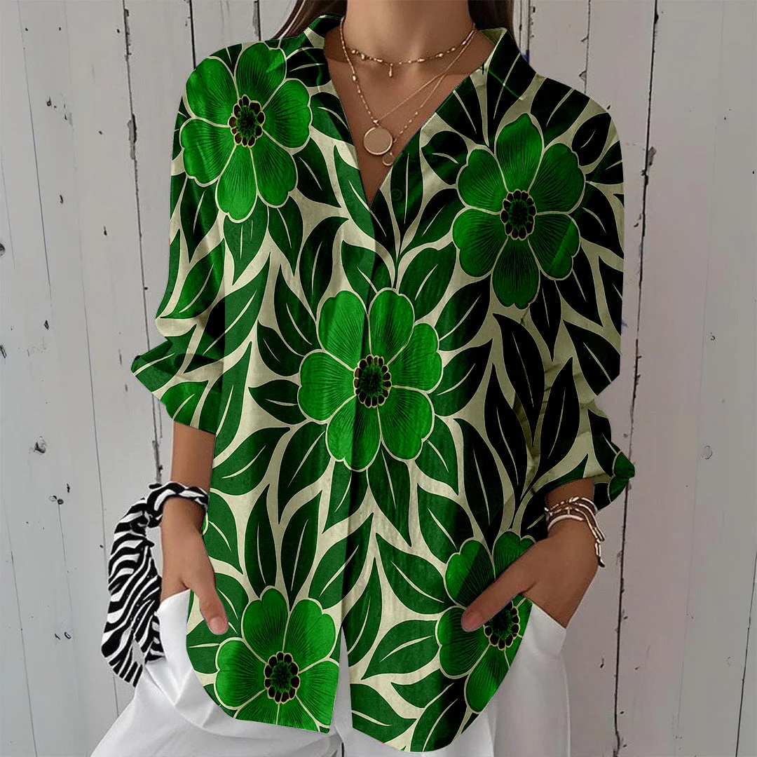 Style & Comfort for Mature Women Women Floral, Green DZCL0197 3/4 Sleeve Shirt Collar Printed Button Tops