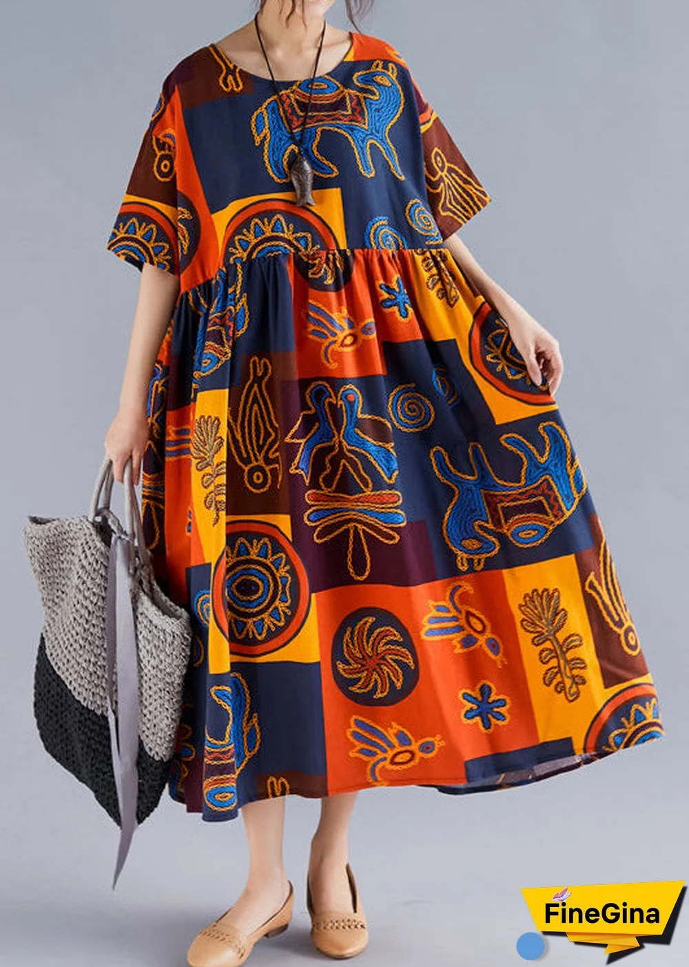 Women floral linen Robes Pakistani Wardrobes o neck Cinched Art Summer Dresses