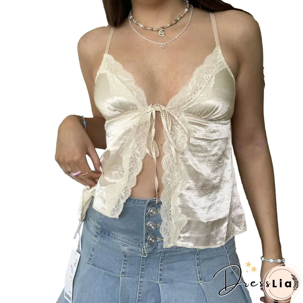 Summer Lace Camisole Tops Beige Pink Women Sleeveless V Neck Slim Fit Tank Top Sweet Sexy Fashion Sweet Crop Top