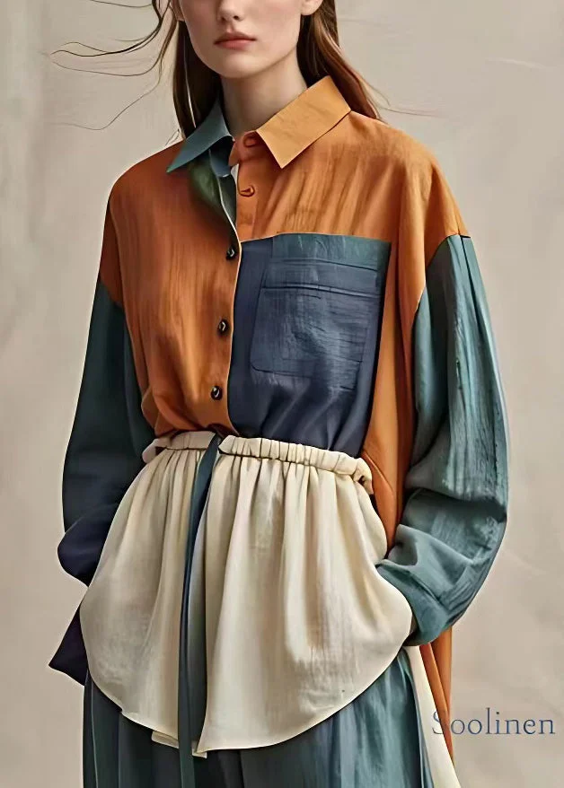 Pre sale - shipping in 30 days/Handmade Colorblock Patchwork Wrinkled Button Shirts Long Sleeve/designer chic