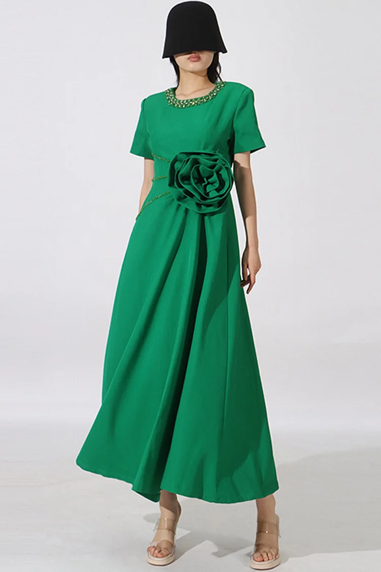 Rhinestone 3D Rose Short Sleeve Maxi Dress-Green