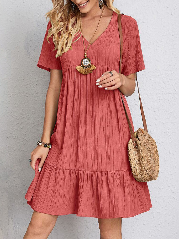 Women's Short Sleeve V-neck Solid Color Midi Dress