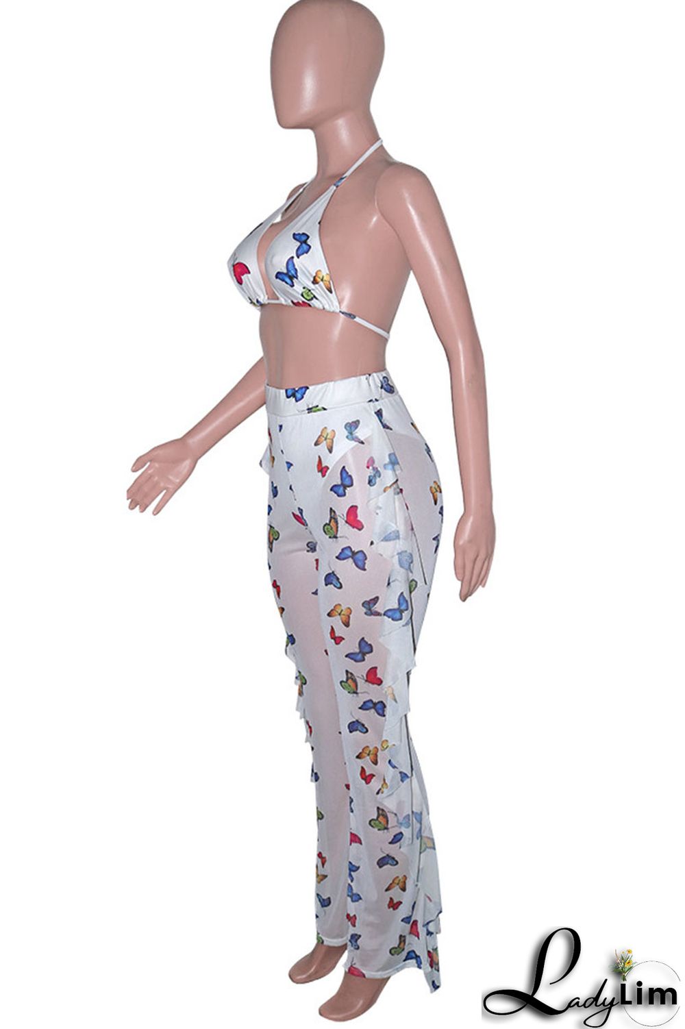 Pink Sexy Print Split Joint Flounce Halter Sleeveless Two Pieces