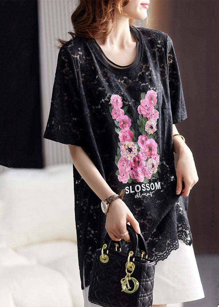 VCSHOES Black O-Neck Print Hollow Out Lace Top Short Sleeve