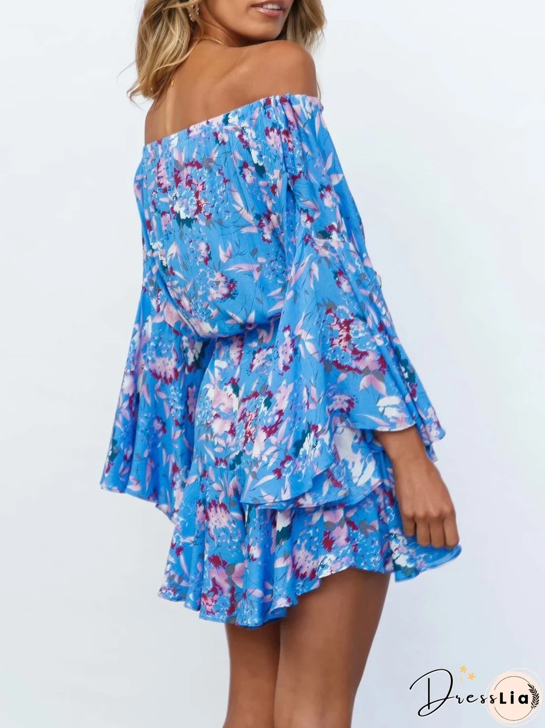 Off-shoulder Lace-up Flared Sleeve Print Casual Mini Dress
