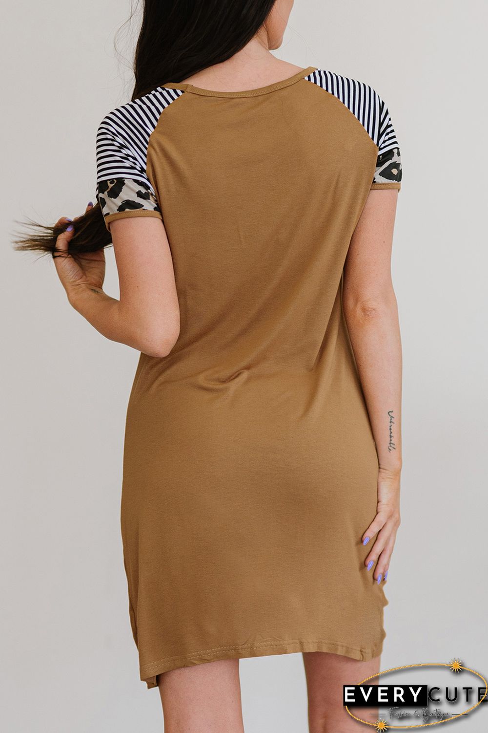 Brown USA Flag Day Leopard Striped Sleeve Dress