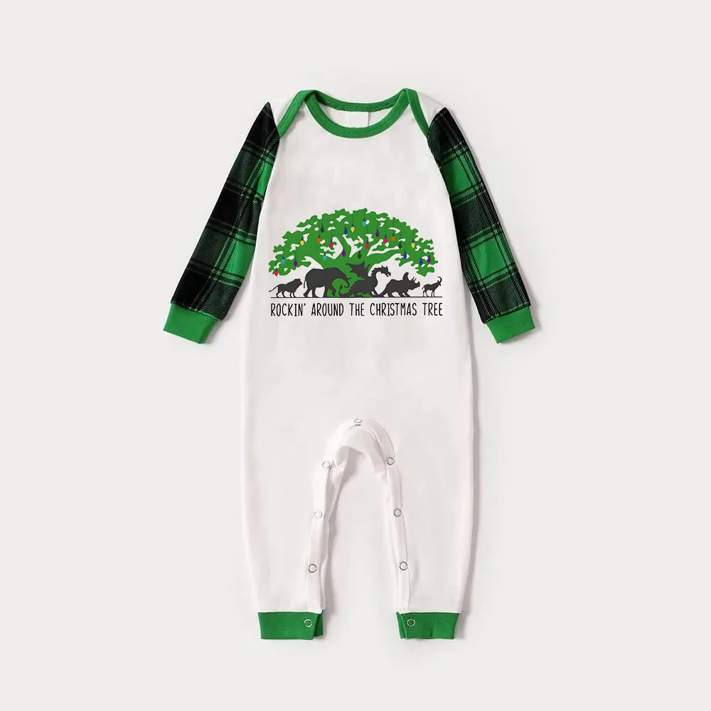 Family Christmas Shirts Christmas Tree Animal Kingdom Animal Kingdom Patterned and 'ROCKIN AROUND THE CHRISTMAS TREE' Letter Print Contrast Tops and Black and Gren Plaid Pants  Family Matching Raglan Long-sleeve Pajamas Sets