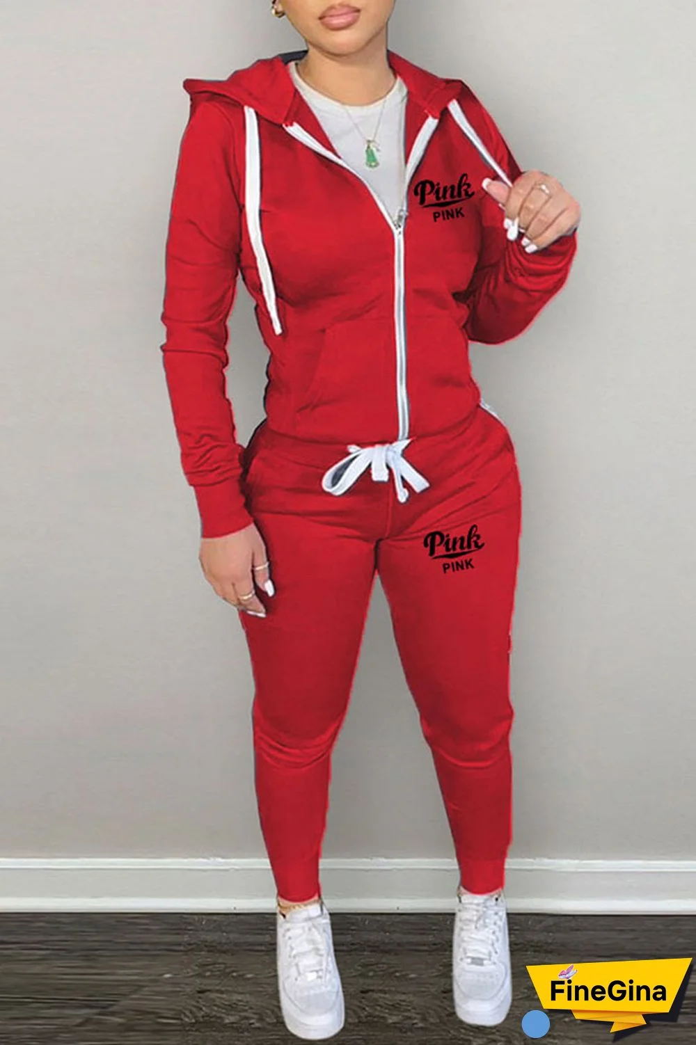 Red Casual Letter Print Draw String Hooded Collar Long Sleeve Two Pieces