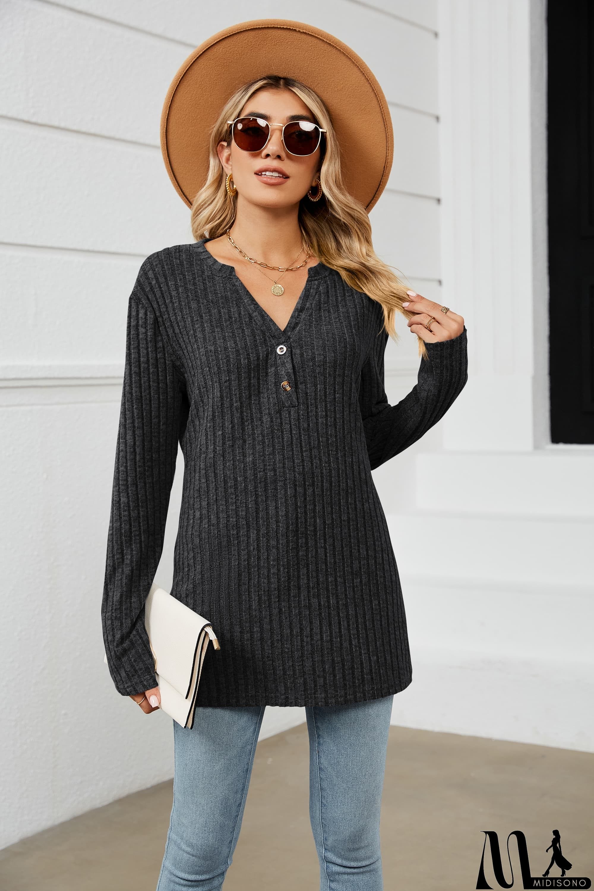 MidiSono - Notched Neck Ribbed Long Sleeve T-Shirt