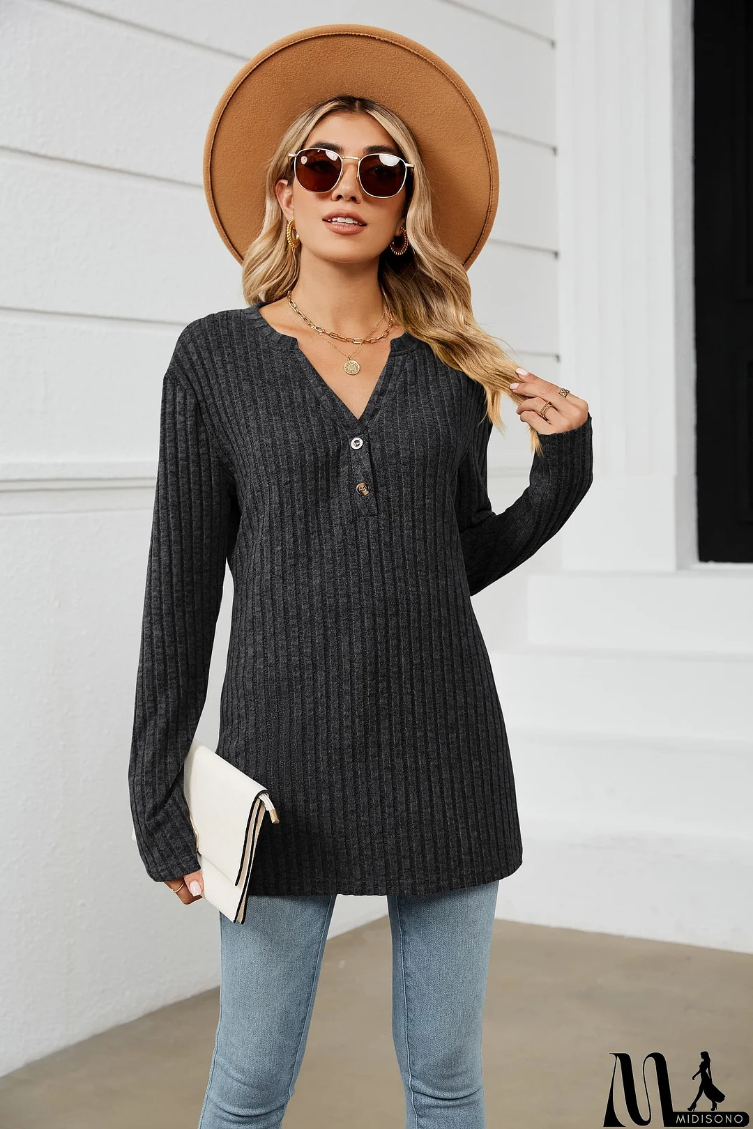 MidiSono - Notched Neck Ribbed Long Sleeve T-Shirt