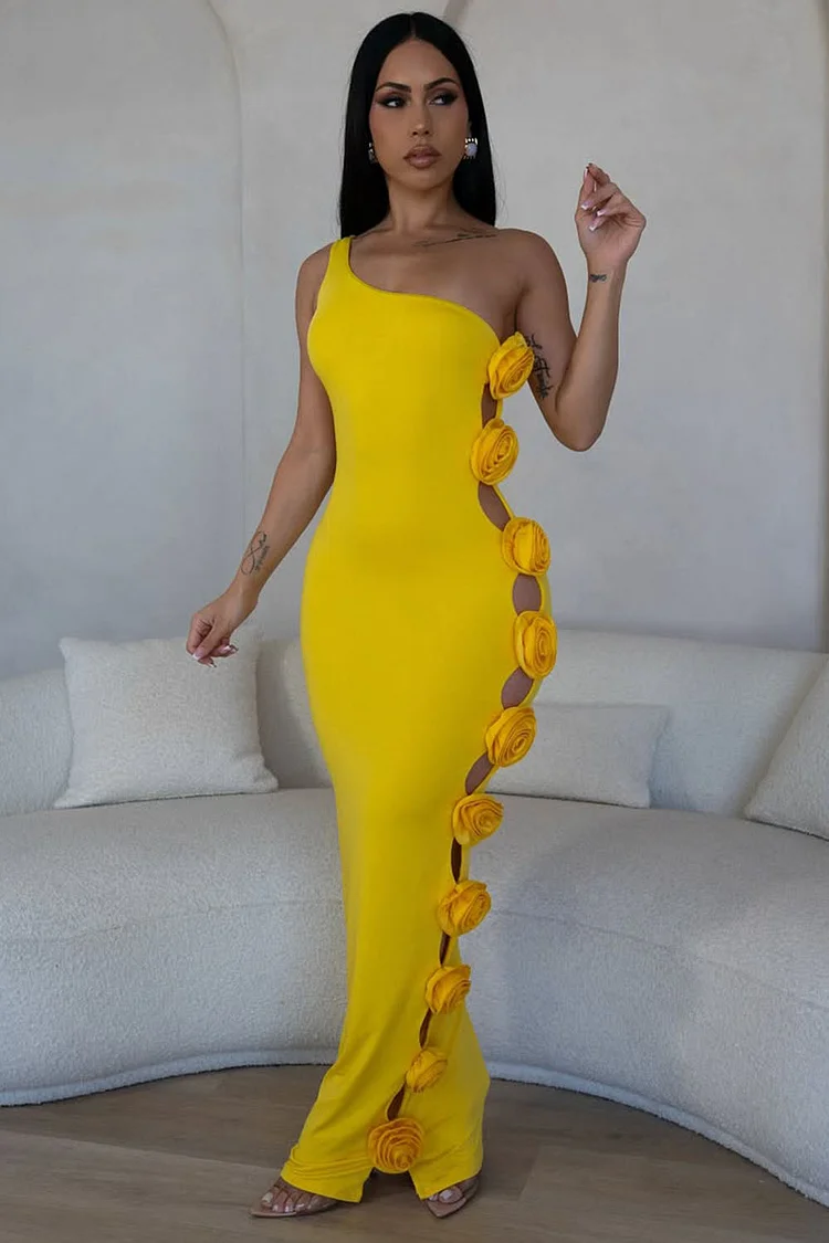 Rosette Cutout One Shoulder Bodycon Party Maxi Dresses-Yellow [Pre Order]
