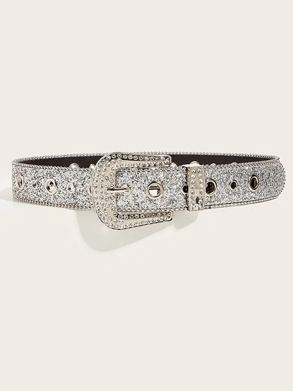 Brownm targeted sequin buckle belt with rhinestones