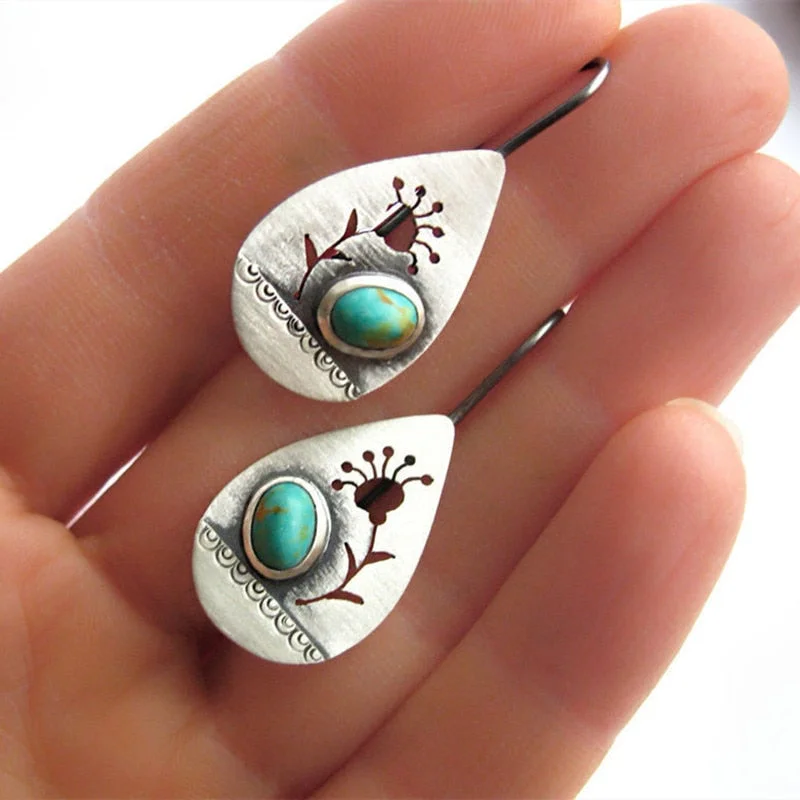 Ethnic Style Drop-shaped Green Stone Earrings Retro Simple Metal Engraving Plant Flowers Women's Hook Dangle Wedding Earrings