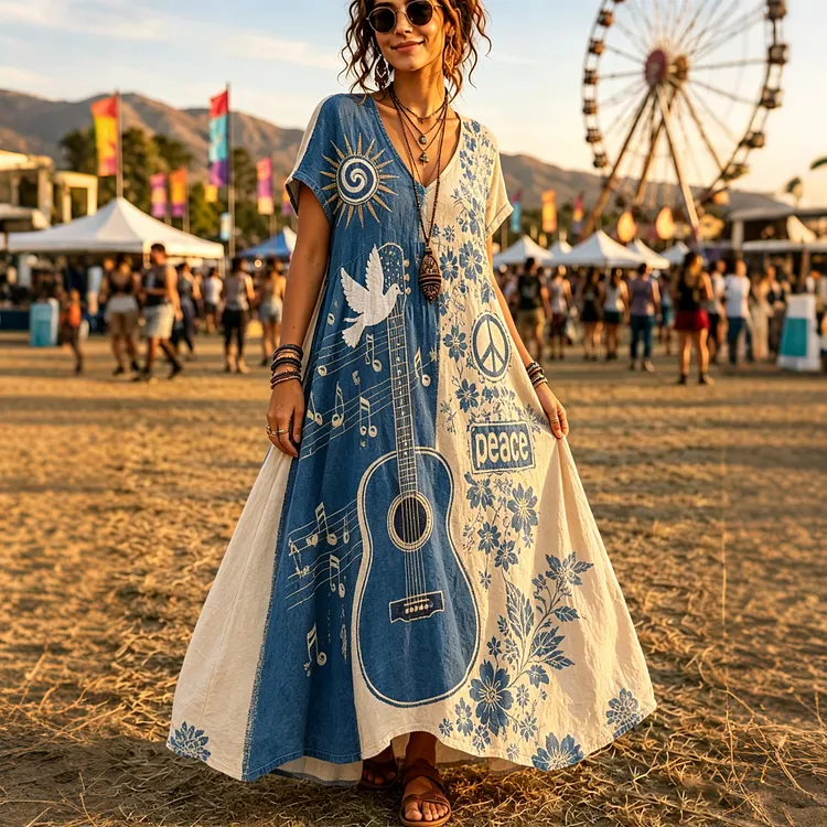 Women's Hippie-style Peace Guitar Color-blocked Retro Dress