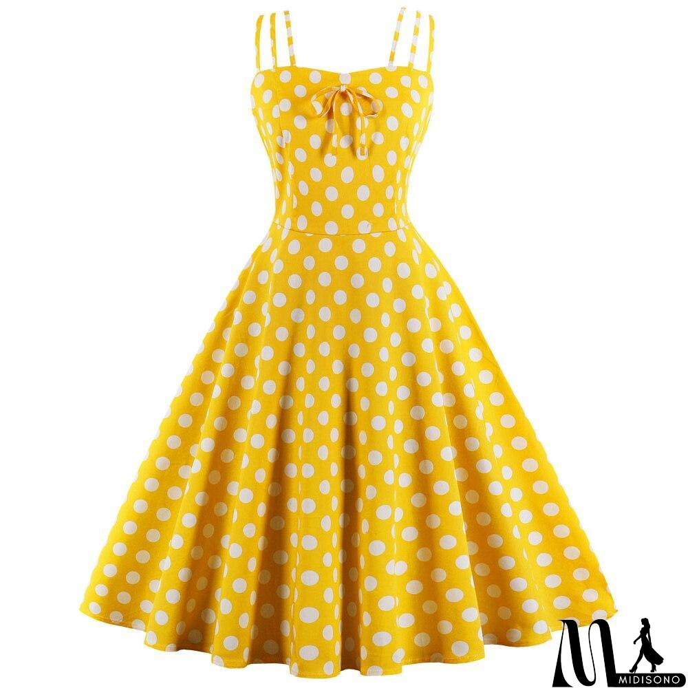 MidiSono - Dot Print Vrouwen Zomer Party Dress Hoge Taille Vintage A-lijn jurk