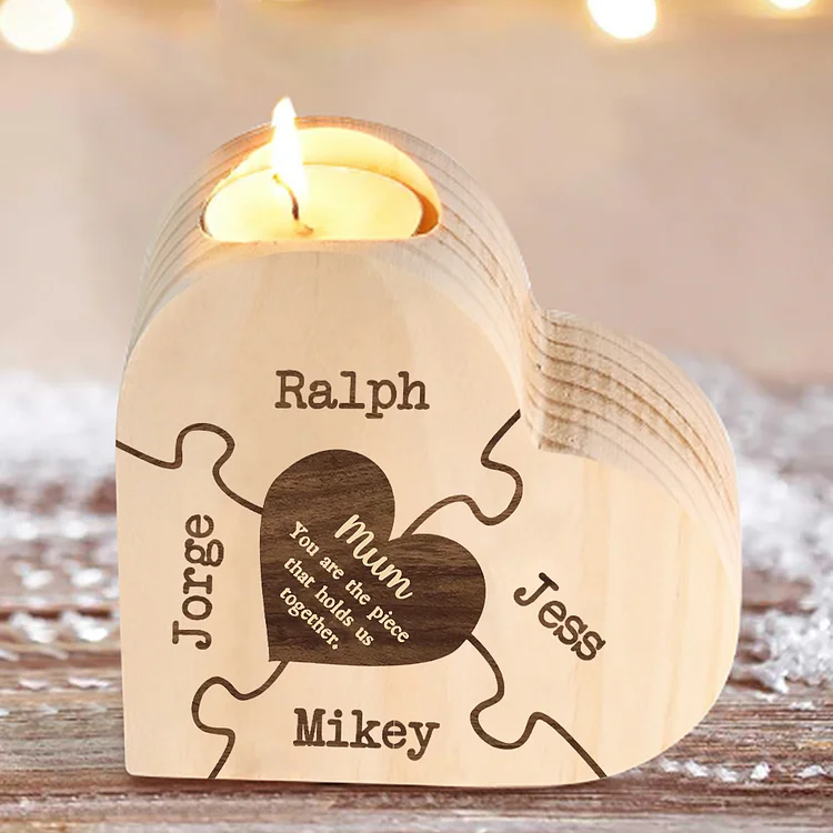 4 Names-Personalized Heart-Shape Candlestick Mother's Day Gift Wooden Custom Candle Holder For Mum