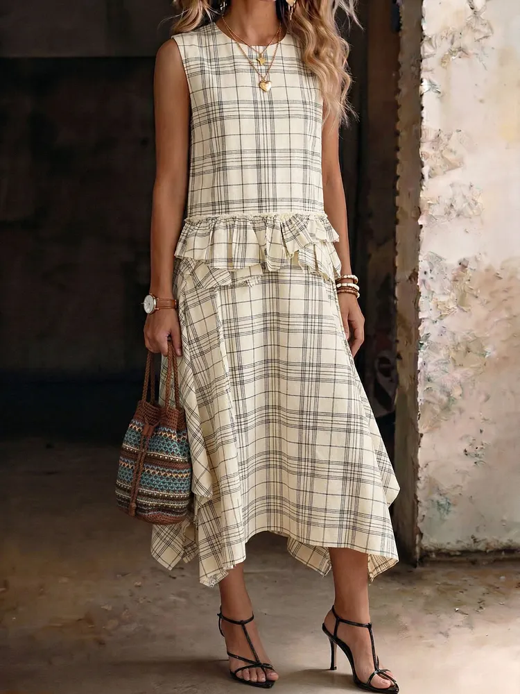 Women's Fashionable Casual Round-neck Checkered Ruffled Sleeveless Maxi Dress