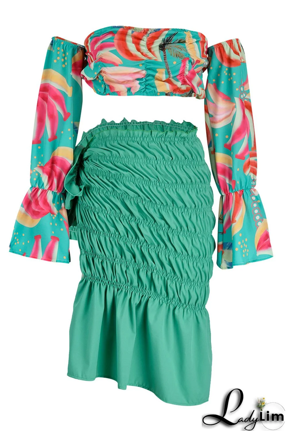 Orange Fashion Sexy Print Backless Slit Off the Shoulder Long Sleeve Two Pieces