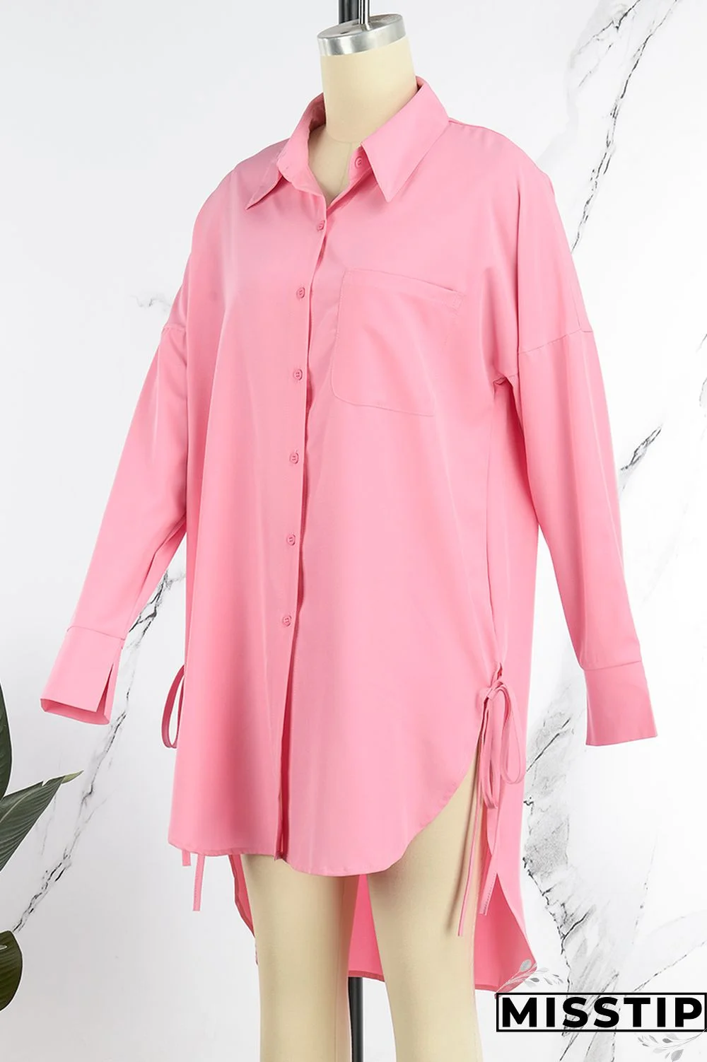 Pink Casual Solid Patchwork Shirt Collar Tops