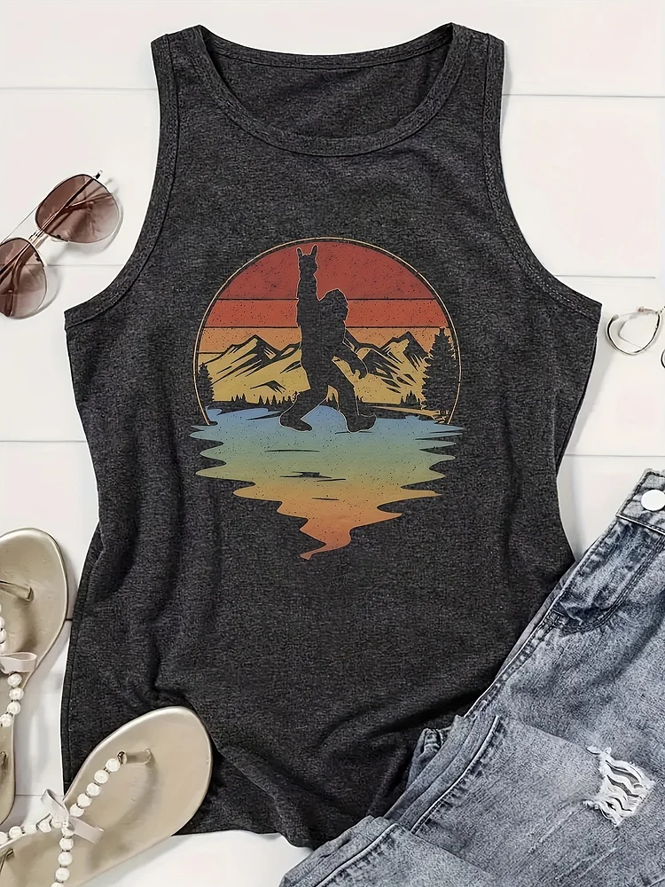 Casual Summer Tank Top - Print Crew Neck Sleeveless Women's Clothing