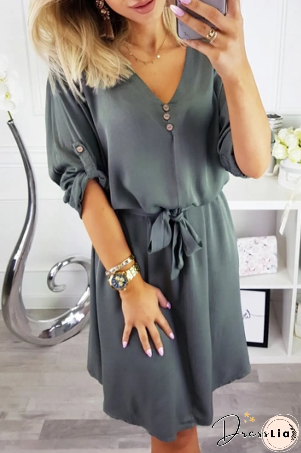 Fashion Casual Solid Buttons Strap Design V Neck Dresses